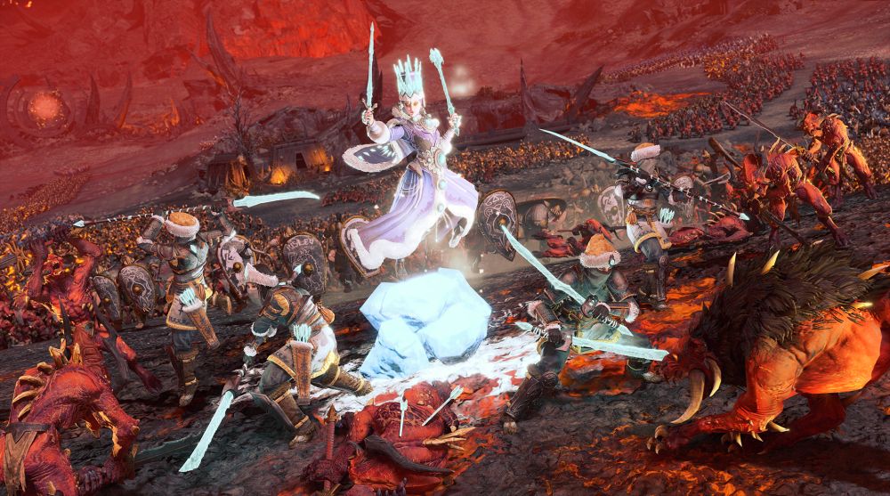 Screenshot of Tzarina Katarin leading her Ice Guard in battle against Khorne.