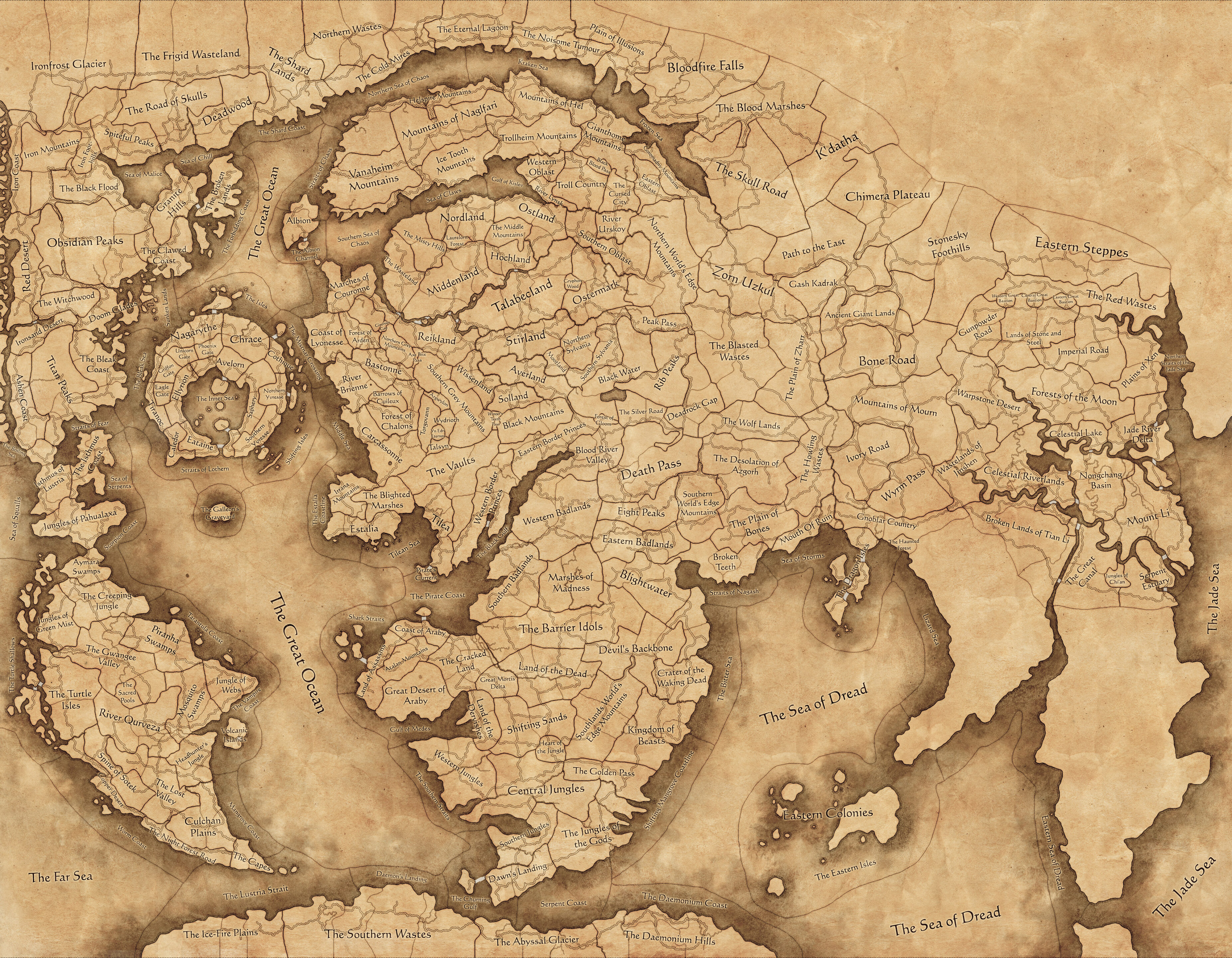 Obraz Total War: Warhammer III Immortal Empires Game Map, obejmujący znaczną część świata Warhammer