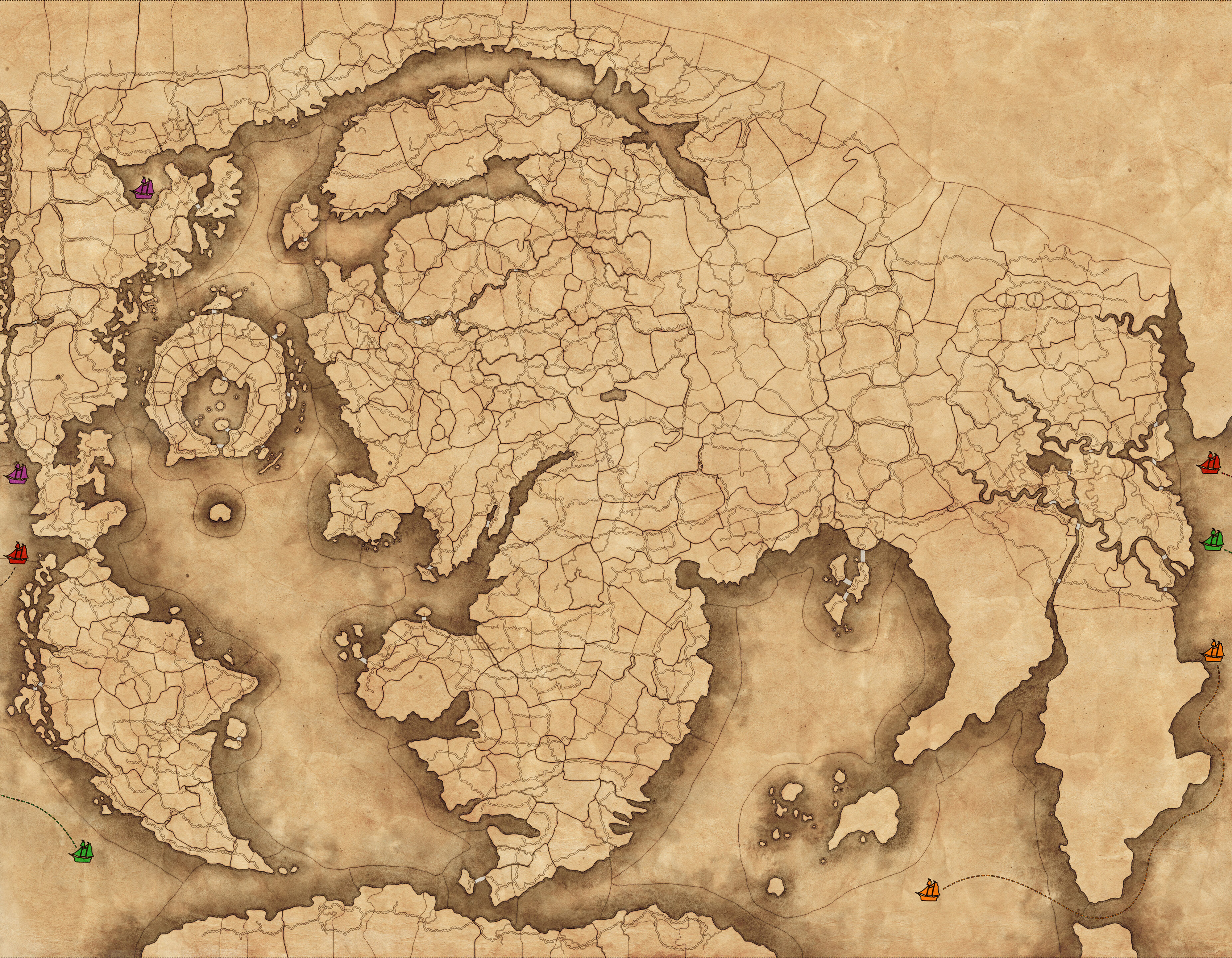 تصویری از نقشه حالت بازی inmortal empires ، از جمله نمادهای قایق رنگی که نمایانگر خطوط دریایی است که می تواند برای عبور از مسافت های بزرگ جهان استفاده شود