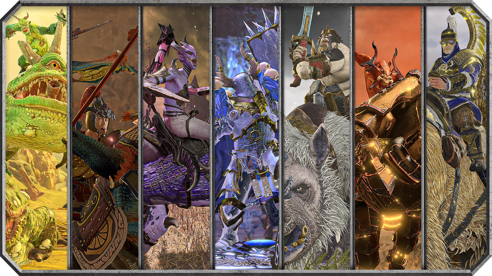 A line-up of the seven new units being added in the Regiments of Renown II unit pack. From left to right: the Barons of the Bog, Lances of Wei-Jin, Eternal Entorage, Knights of Immolation, Sky Striders, Heralds of Khorne's Fury, and Oath-Brothers of Tor.