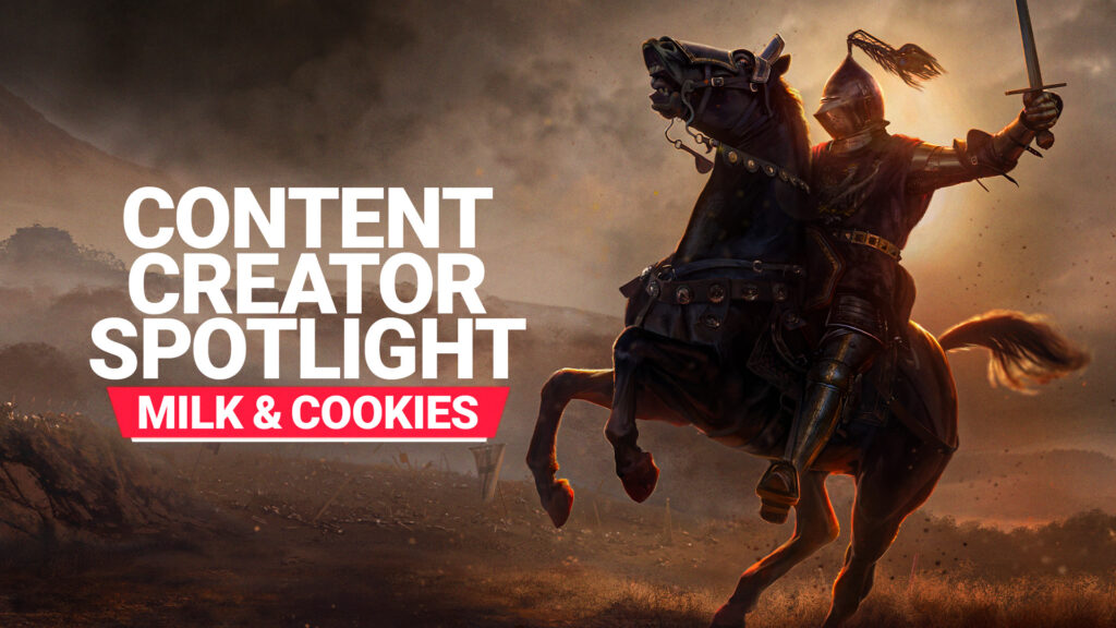 A Knight on a rearing horse holding a sword. The text on the image says 'Content Creator Spotlight - Milk & Cookies'.