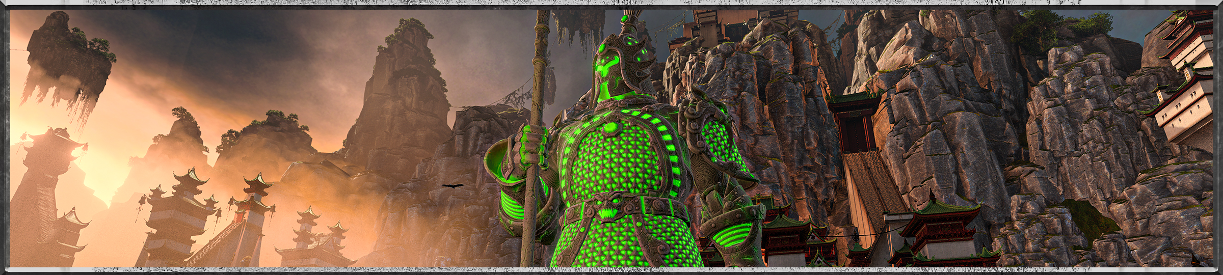 A lone Terracotta Sentinel stands centrally in the picture, a green aura shining through the gaps in its ornamental armour. In the background, a rocky outcrop with scattered embedded buildings can be seen to the right, while the left shows a city skyline of oriental buildings illuminated by the orange mist of dawn.