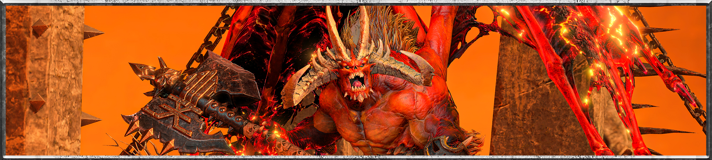 A roaring Bloodthirster faces the camera. Its hugely muscular frame holds a two handed axe horizontally, with flames engulfing the hands. Huge, fiery wings frame on either side, while two huge, curled horns adorn the side of its face, with two straighter horns pointing upwards from the top of the head.