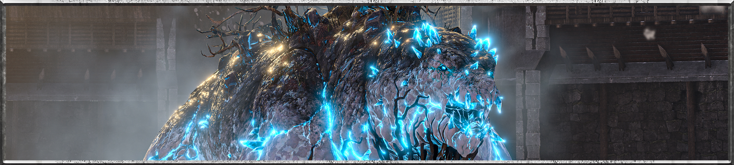 A crackling blue light seeps through gaps in the skin of the Elemental Bear, whose huge frame supports an armour made of dead trees. The bear appears to be standing in some sort of walled metal basement or container.