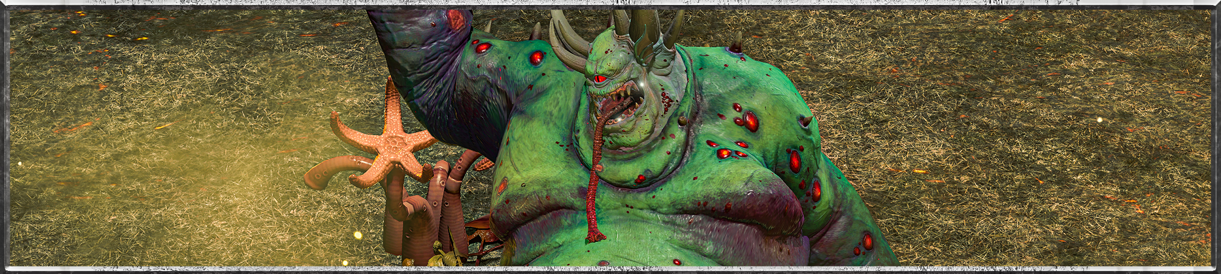 The Great Unclean One's bright green skin is punctuated by bright red pustules across the shoulders and arms, while a muddied, brown residue pools around the crevasses and under the creature's flabby breasts. On its head we see two large, slightly curled horns, a single red eye and a long red tongue, handing from its toothy, smiling jaw. A mist of yellow spores is seen in the background.
