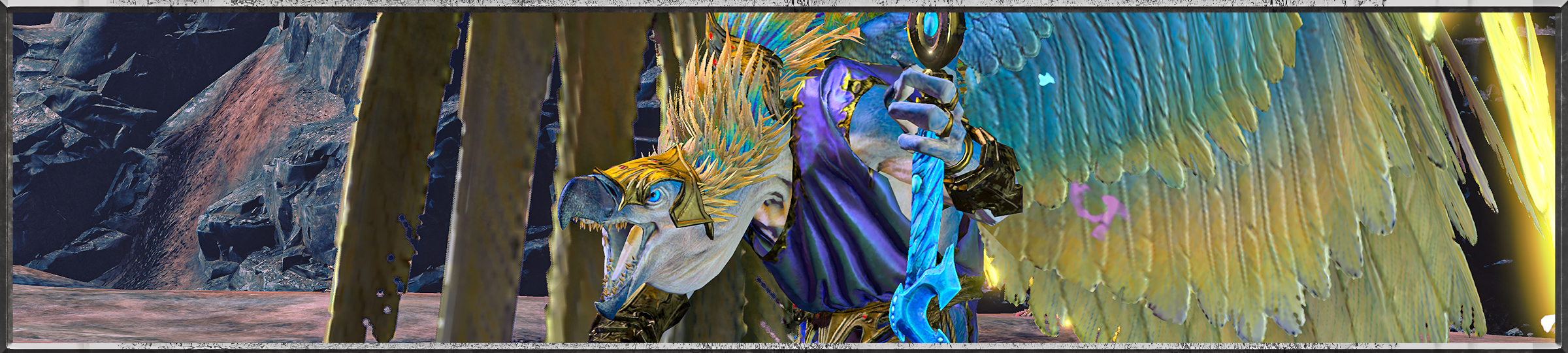 The Lord of Change's screeching beak protrudes sharply from beneath its golden plumage. A purple gown is draped over the creature's torso, while his hand grips the hilt of a sword, the tip of which is presumably thrust down into the ground. Huge yellow and blue wings stretch from the beast's back.